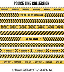 Yellow and black police tape For warning of dangerous areas isolate on white background.