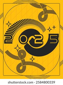 A yellow and black poster featuring the bold text "2025" prominently displayed in the center	
