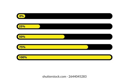 Yellow and black progress bar illustration highlighting percentage completion from 0% to 100%. A clear visual representation for activity monitoring and goals achievement tracking.