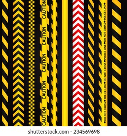 Yellow with black and red with white police line and danger tapes on dark background. Vector illustration.