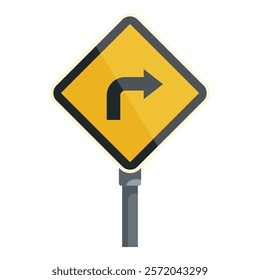 Yellow and black right turn road sign indicating the direction to follow at the next intersection