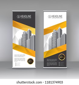 Yellow black Roll up banner stand brochure flyer vertical template design, covers, infographics ,vector abstract 
 geometric background, modern x-banner and flag-banner advertising design element