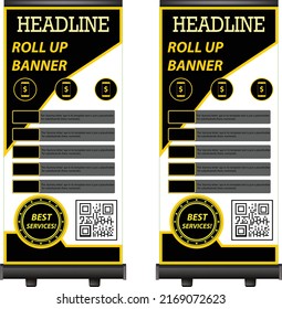 Yellow and black Roll Up Banner template, stand layout, flyer design, advertisement, display vector Corporate Business Roll Up Banner Creative Design for Office, Company, Marketing Multipurpose Use