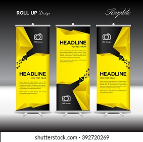 Yellow And Black Roll Up Banner Template, Stand Layout, Flyer Design, Advertisement, Display Vector