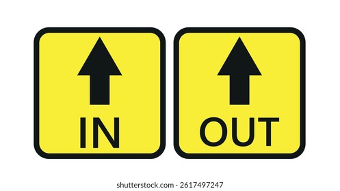  Yellow and black in and round warning direction info sticker badge icon with an arrow and text.vector icon