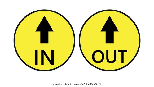  Yellow and black in and round warning direction info sticker badge icon with an arrow and text.vector icon