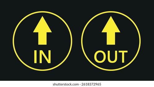  Yellow and black in and round warning direction info sticker badge icon with an arrow and text.vector icon