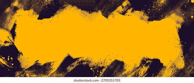 Fondo de Anuncio de textura grunge rasguñoso amarillo y negro. Marco dinámico con semitonos y pinceladas. Fondo de grunge punk deportivo. Abstractas cartel de textura dinámica con semitonos.