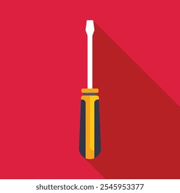 Yellow and black screwdriver casting long shadow on red background, simple vector illustration