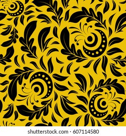 Yellow and black seamless background doodle ornament pattern. Abstract arabesque background for greeting card, presentation or wedding invitations. Traditional vector gothic damask background.