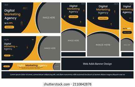 Conjunto amarillo y negro de banner web de tamaño estándar con un lugar para las fotos Plantilla vertical horizontal y cuadrada