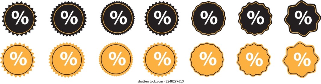 Yellow and black shopping labels collection. Sale or discount sticker. Special offer price tag. Supermarket promotional badge. Vector sunburst icon.