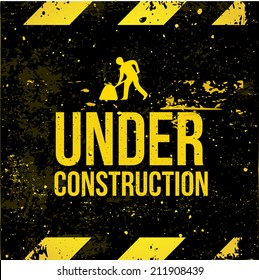 Yellow - black sign grunge "Under Construction" with worker road sign vector