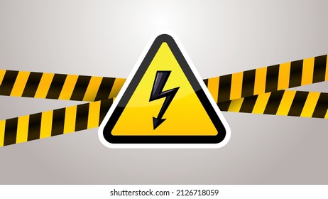 Yellow and black sign high voltage power line and safety tape. Vector icon information illustration 