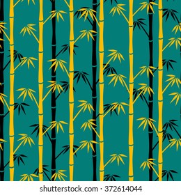 Yellow and black silhouettes of bamboo on blue background