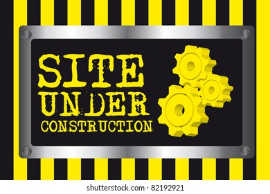 yellow and black site under construction with gears over lines background. vector