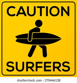 Yellow and black square caution sign with surfer