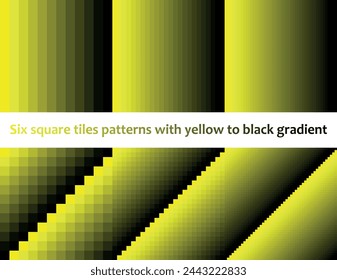 Yellow to black in square tiles, seamless vector pattern, monochromatic, collection of six