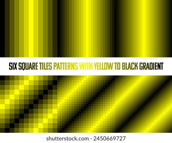 Yellow to black in square tiles, seamless vector pattern, monochromatic, collection of six