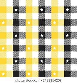 Yellow and black with star plaid pattern background. plaid pattern background. plaid background. Seamless pattern. for backdrop, decoration, gift wrapping, gingham tablecloth, blanket, tartan.