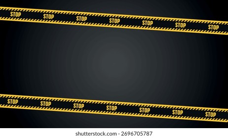 Cinta de advertencia STOP amarilla y negra sobre fondo oscuro. Cinta de precaución Horizontal para peligro, policía o zona de construcción. Diseño realista para el concepto de alerta, restricción o seguridad