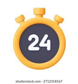 Gelbe und schwarze Stoppuhr mit weißer Nummer 24. 24 Stunden, Countdown, Zeitmessung, Lieferung, Kundensupport, Zeitmanagement und Terminkonzept. 3D-Vektorsymbol. Cartoon minimalen Stil.