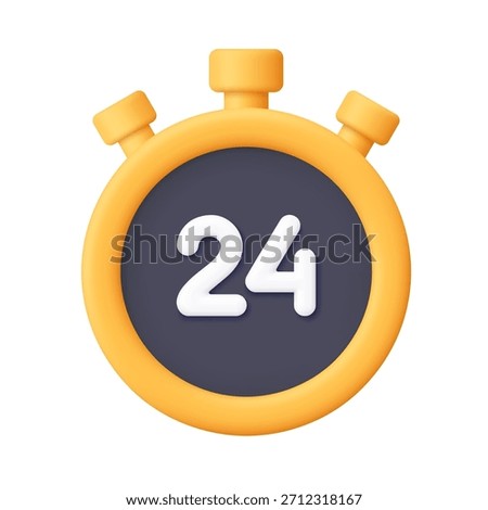 Yellow and black stopwatch with white number 24. 24 hours, countdown, timekeeping, delivery, customer support, time management and deadline concept. 3d vector icon. Cartoon minimal style.