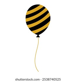 A yellow and black striped balloon with a yellow center. The balloon is tied to a string. The balloon is on a white background