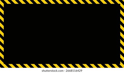Quadro de borda de cuidado listrado amarelo e preto com fundo preto usado para advertência de perigo industrial, aviso de segurança, sinalização de local de construção e conceitos de alerta de perigo de emergência