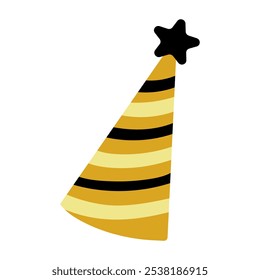 A yellow and black striped hat with a star on top. The hat is tilted to the left