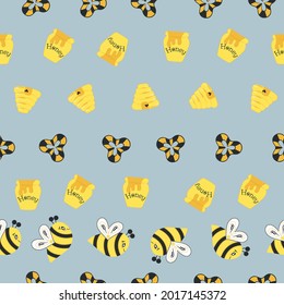 Yellow and Black striped honey bee with flower and hives on a blue background