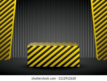 yellow and black striped pattern podium display with black metal wall scene 3d illustration vector 
