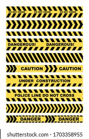 Yellow black striped police line horizontal border seamless patterns set. Do not cross, dangerous, caution, under construction, danger lettering. Warning signal tape set isolated on white background