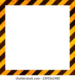 Yellow and black stripes with grunge texture, warning industrial square frame on white