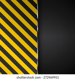 Yellow and black stripes on a perforated metal background