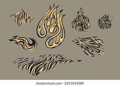 Vetor de chama estilizado amarelo e preto definido em plano de fundo cinza, formas de fogo abstratas para elementos de tatuagem, logotipo ou design gráfico