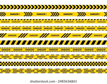 Yellow black tape. Danger ribbons. Caution barrier tapes for danger places. Set of warning bands for work zones. Seamless striped boundary lines under construction. Vector illustration.