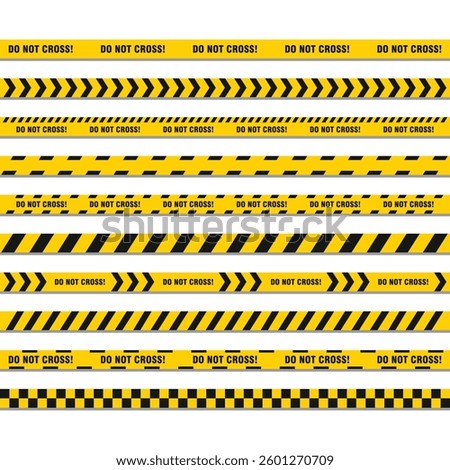 Yellow black tape. Do not cross ribbons. Police warning barrier tapes for criminal accident places. Set of caution crime scene bands. Seamless striped boundary lines. Vector illustration.