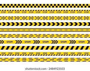 Yellow black tape. Stop ribbons. Warning barrier tapes for danger places. Set of caution crime scene bands. Seamless striped boundary lines. Do not cross police road sign. Vector illustration.