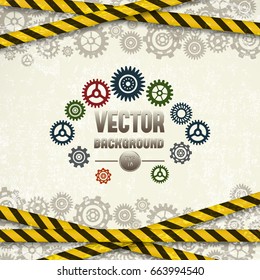 Yellow and black tapes and gears of various size and shape on grey textured background flat vector illustration