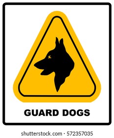 Yellow black triangle Warning Guard Dogs On Duty Text Sign. Security dog in yellow triangle isolated on white background. Vector illustration. Warning symbol for public places