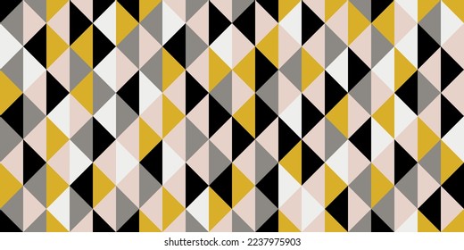 Yellow and black triangles are textured. Vector decor and print, stylish design of seamless surfaces.