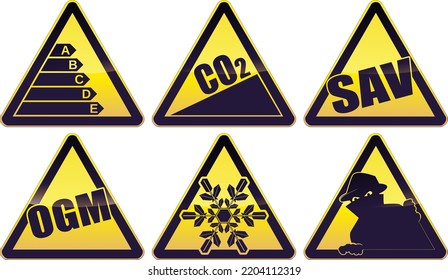 Yellow and black triangular warning sign with metallic reflection of dangers on burglary, snow, thermal diagnosis, assistance and genetically modified organisms (metal reflection)