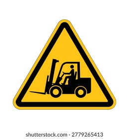 A yellow and black triangular warning sign featuring a black forklift silhouette, indicating a potential