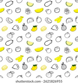 Padrão de frutas tropicais amarelas e pretas: desenho animado de repetição com banana, Langsat e outras frutas exóticas com elementos de esboço em um fundo branco