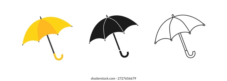 Conjunto de paraguas amarillo y negro aislado. Icono de la protección del agua. Ilustración de cubierta de lluvia. Icono de paraguas. Símbolo de pronóstico de Clima aislado.