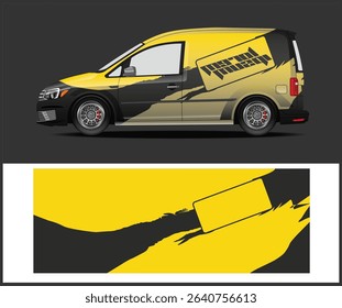 Yellow and black van wrap design template with abstract graphic elements. Perfect for branding and advertising.