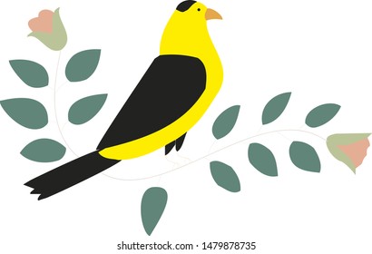 Yellow and black vector bird on the tree