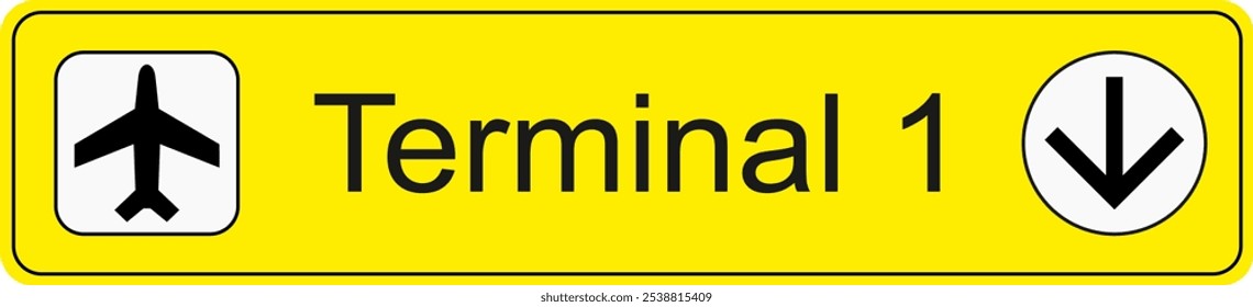 Yellow and black vector graphic of airport information terminal sign showing the direction of terminal 1