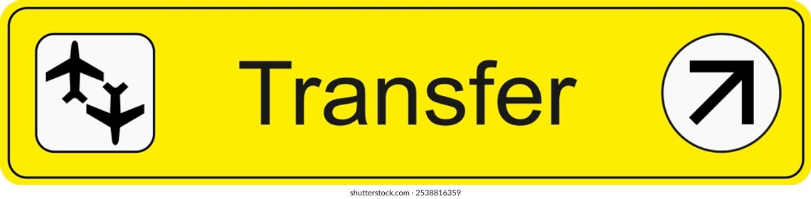 Yellow and black vector graphic of airport information terminal sign showing the direction of transferring passengers
